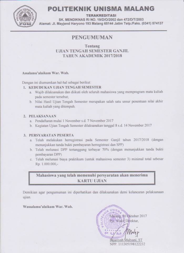 Pelaksanaan Ujian Tengah Semester (UTS) Ganjil Tahun Ajaran 20178/2018